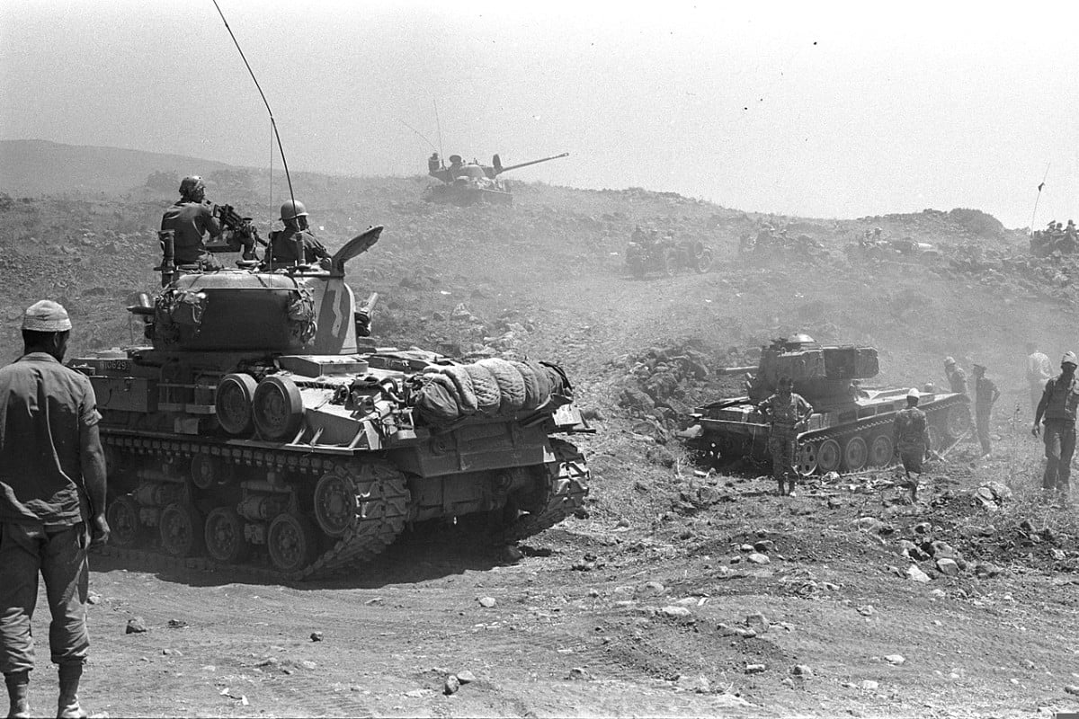 Israeli tanks advancing on the Golan Heights. June 1967 Image Government Press Office Israel