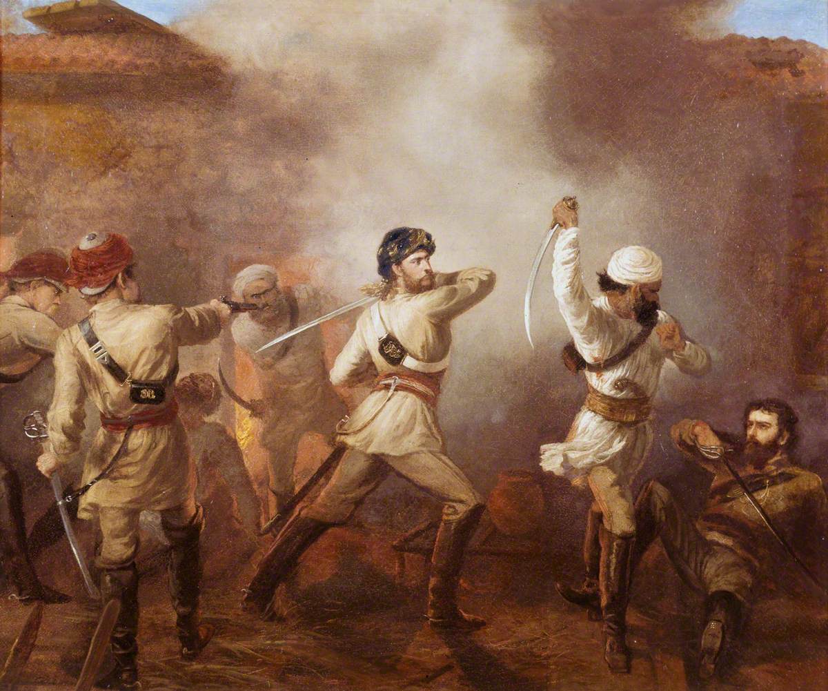 Desanges, Louis William; Captain C. J. S. Gough (1832-1912), 5th Bengal European Cavalry Winning the Victoria Cross at Khurkowdah, Indian Mutiny, 15 August 1857; National Army Museum; http://www.artuk.org/artworks/captain-c-j-s-gough-18321912-5th-bengal-european-cavalry-winning-the-victoria-cross-at-khurkowdah-indian-mutiny-15-august-1857-182621